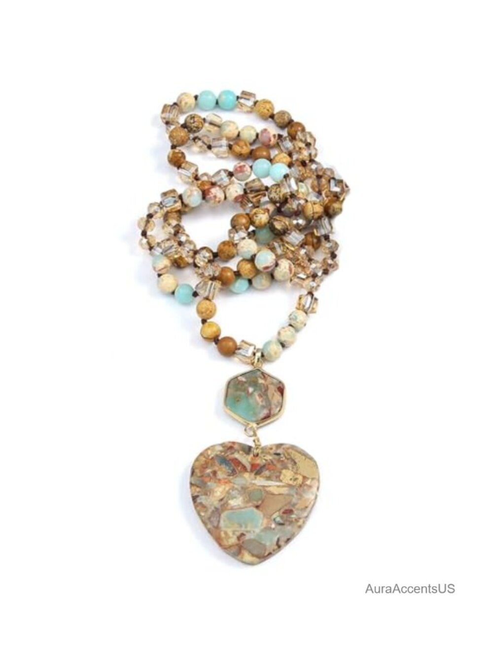 Natural Jasper Beaded Boho Necklace Heart Pendant Handmade